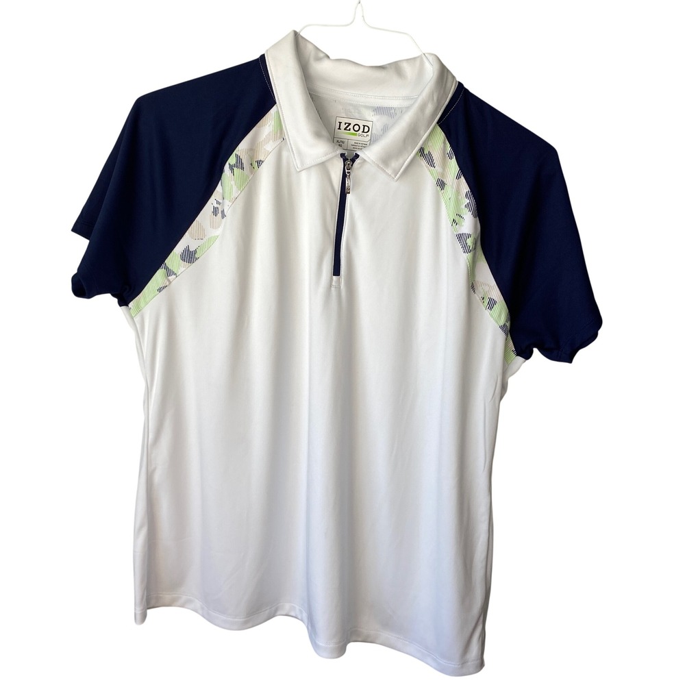 IZOD Golf Womens XL Polo Shirt White Navy Blue Quarter Zip Short Sleeve Athletic